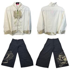 Jixiangzhai Mascot Lotus Print Set - Kimono Style Top and Wide Leg Pants - L/XL